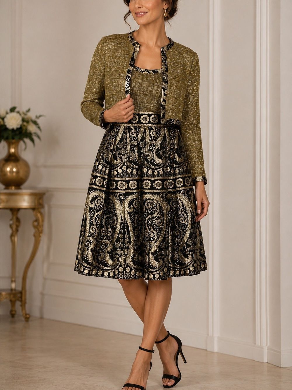 Adele Simpson Gold Metallic Paisley Dress & Cropped Jacket Set Size S Vintage